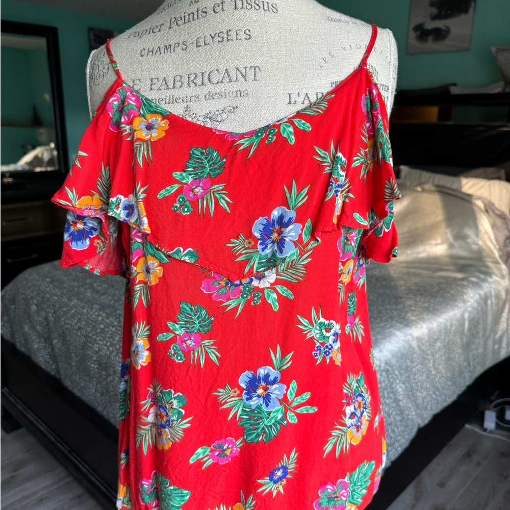 Old Navy Womens Navy Red Ruffle Cold Shoulder Blouse Top Size Medium